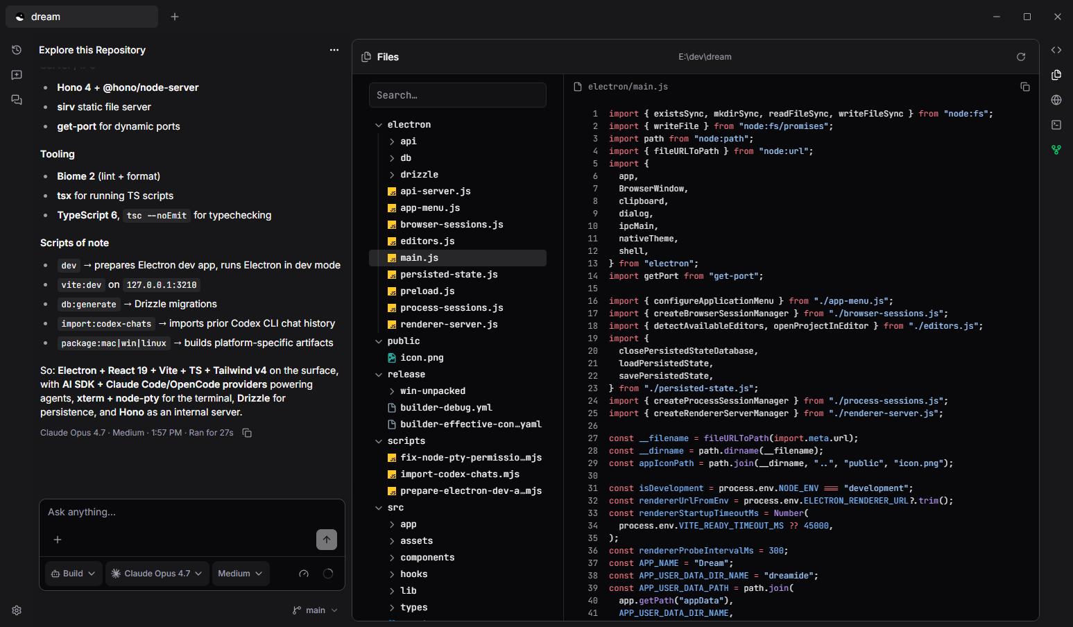 Screenshot of Dream's files, terminal, and browser tools