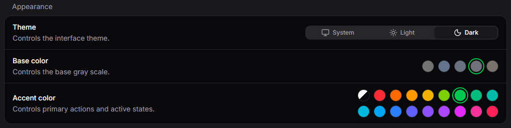 Appearance settings with System, Light, and Dark themes plus base and accent color swatches.