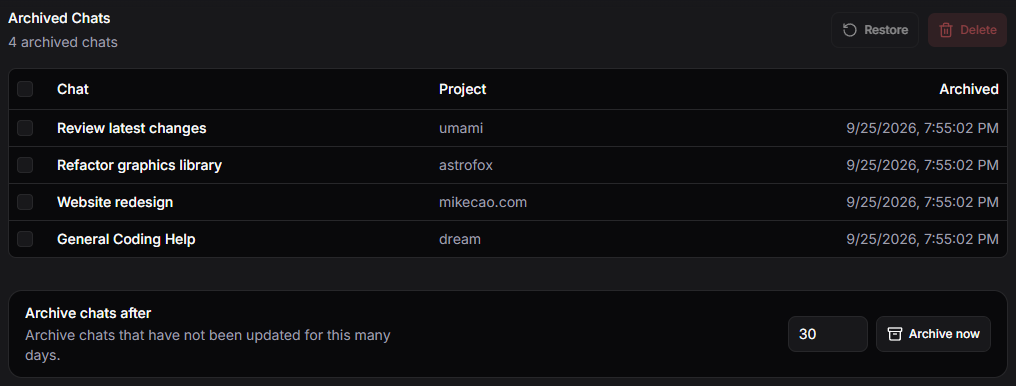 Archived Chats settings showing four conversations with project names and dates, Restore and Delete buttons, and the Archive now controls.