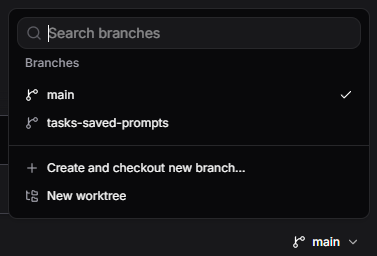 The branch menu opened above the current branch control, with New worktree as its bottom action.