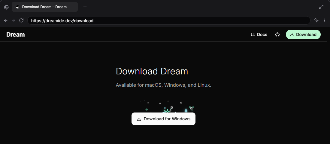 Dream's browser with a page tab, address bar, navigation controls, and the Dream download page.