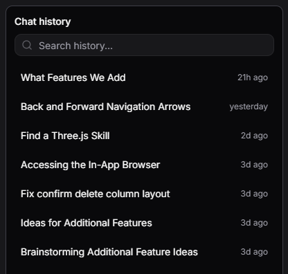 Chat history panel with a Search history field and recent conversations listed by title and relative time.