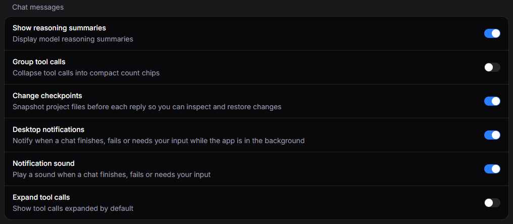 Paramètres généraux avec Notifications de bureau et Son de notification activés dans Messages de chat.