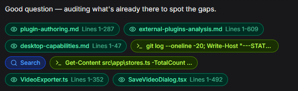 File-read and command chips within an agent response, including file names and line ranges.