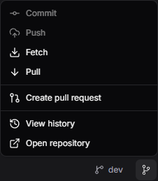 チャット下部の現在のブランチの上に開いた Git 操作メニュー。