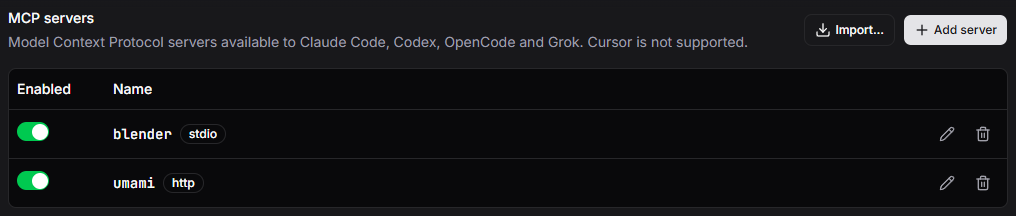 MCP servers settings with enabled stdio and HTTP servers, edit and delete controls, and Import and Add server buttons.