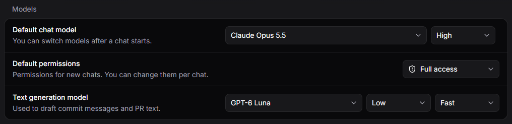 General settings with separate selectors for the default chat model and text generation model.
