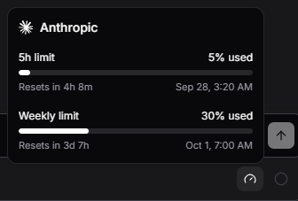 Anthropic usage popover above the composer gauge, showing 5% of the five-hour limit and 30% of the weekly limit used, with reset times.