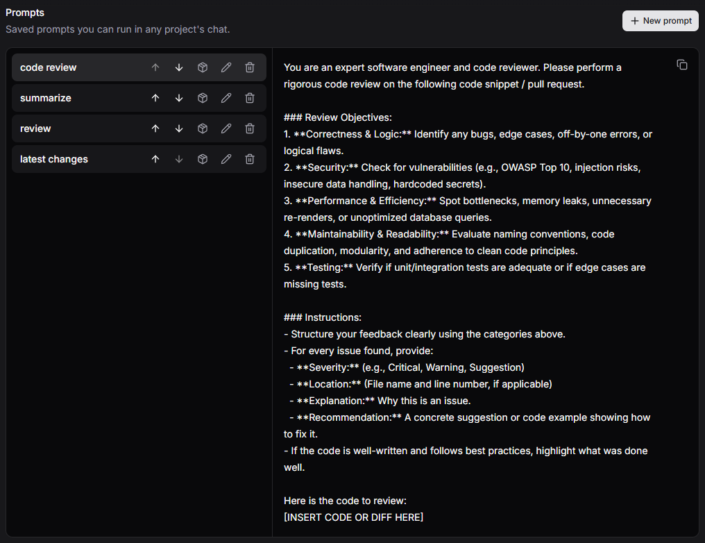 Prompts settings with four saved prompts, row action icons, and the full text of a selected code review prompt.