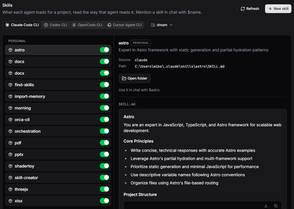 Skills settings with provider tabs, a project picker, a list of personal skills, and the selected SKILL.md preview.
