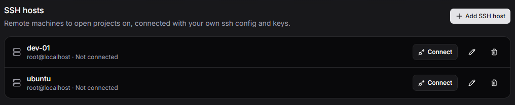 SSH hosts settings with two saved hosts, connection status, and Connect, Edit, Remove, and Add SSH host controls.