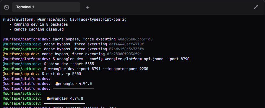 Terminal 1 tab, a plus control for another session, and running project command output.