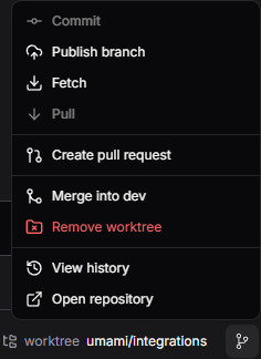 Menu des actions Git du worktree avec Publier la branche, Créer une pull request, Fusionner dans dev et Supprimer le worktree.