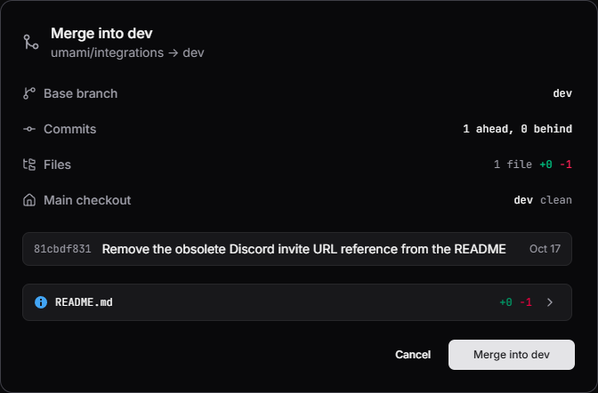 Boîte de dialogue de fusion dans dev affichant la branche de base, le nombre de commits, le fichier modifié et le checkout principal propre.