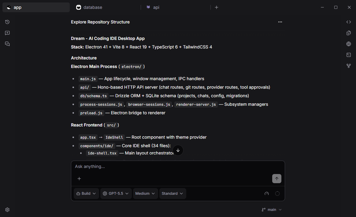 Screenshot of Dream's tabbed project interface